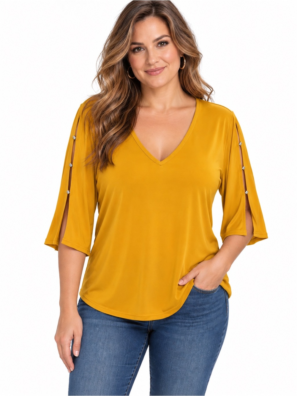 Michael Michael Kors Women’s Large Mustard Gold V-Neck Bell Sleeve Top Cutout